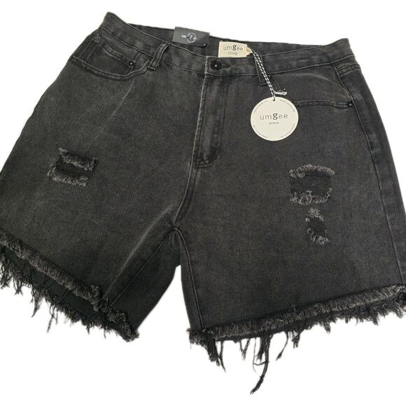 Umgee Denim Black Distressed Fray Hem Shorts Size 7 NWT High Rise Raw Edge - Picture 2 of 11